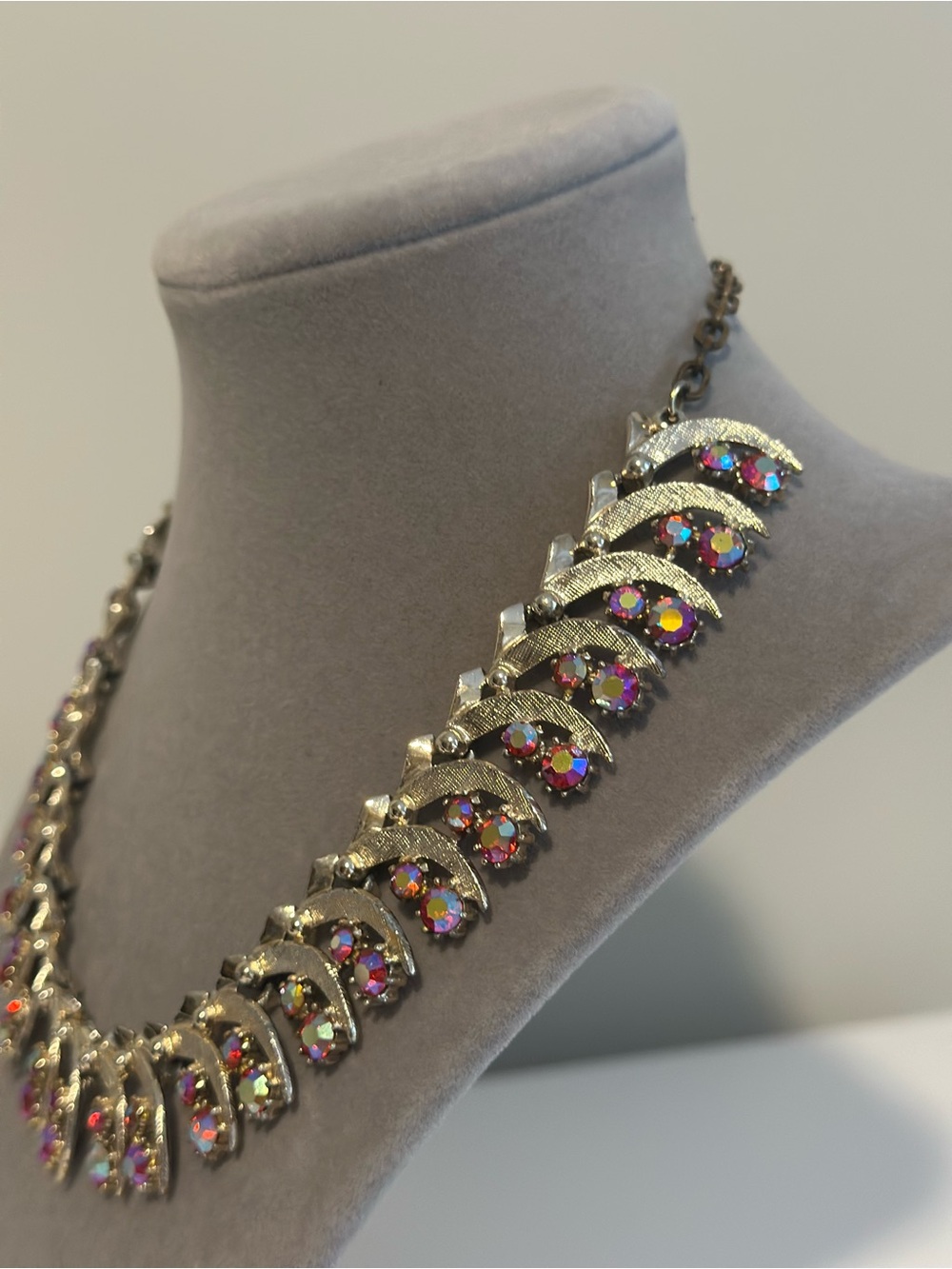AB Rhinestone Crescent Statement Necklace Adjustable 16” - Picture 6 of 7